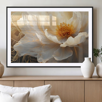 29539087-MGV-CV-36X24-Floral Wall Art – Elegant White and Gold Bloom Canvas Print, Romantic Modern Flower Artwork for Bedroom, Living Room, or Office