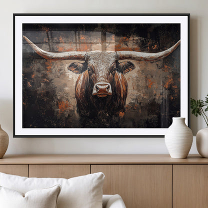 24779067-MGV-CV-36X24-Longhorn Bull Wall Art – Western Rustic Canvas Print, Bold Cowboy Cattle Painting for Ranch House, Farmhouse, Office, or Living