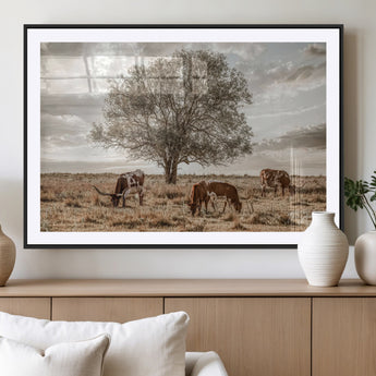 87590224-MGV-CV-36X24-Longhorn Cattle Wall Art – Rustic Western Landscape Canvas Print, Texas Farmhouse Prairie Scene for Living Room, Office, or Ranch