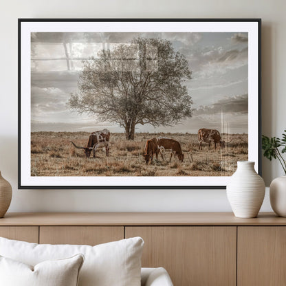 87590224-MGV-CV-36X24-Longhorn Cattle Wall Art – Rustic Western Landscape Canvas Print, Texas Farmhouse Prairie Scene for Living Room, Office, or Ranch