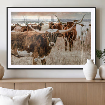 47758300-MGV-CV-36X24-Texas Longhorn Cattle Wall Art – Rustic Western Herd Canvas Print, Cowboy Ranch Farmhouse Decor for Living Room, Office, or
