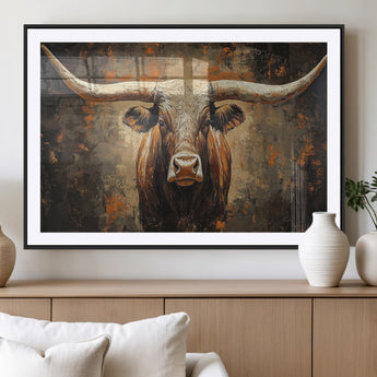 19204445-MGV-CV-36X24-Texas Longhorn Bull Wall Art – Rustic Western Canvas Print, Bold Cowboy Cattle Painting for Ranch House, Farmhouse, Office, or
