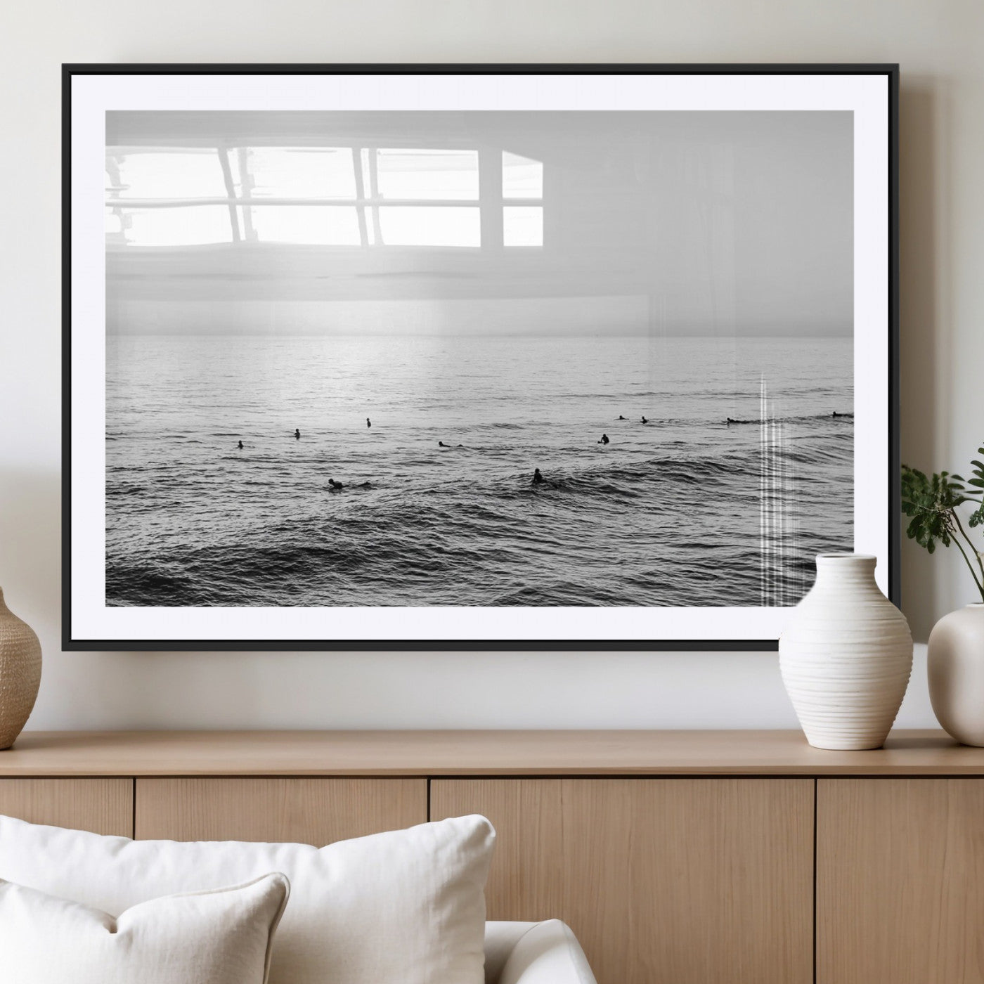 47208268-MGV-CV-36X24-Surfer Ocean Wall Art – Black and White Coastal Canvas Print, Minimalist Surfing Seascape Decor for Living Room, Bedroom, or Beach