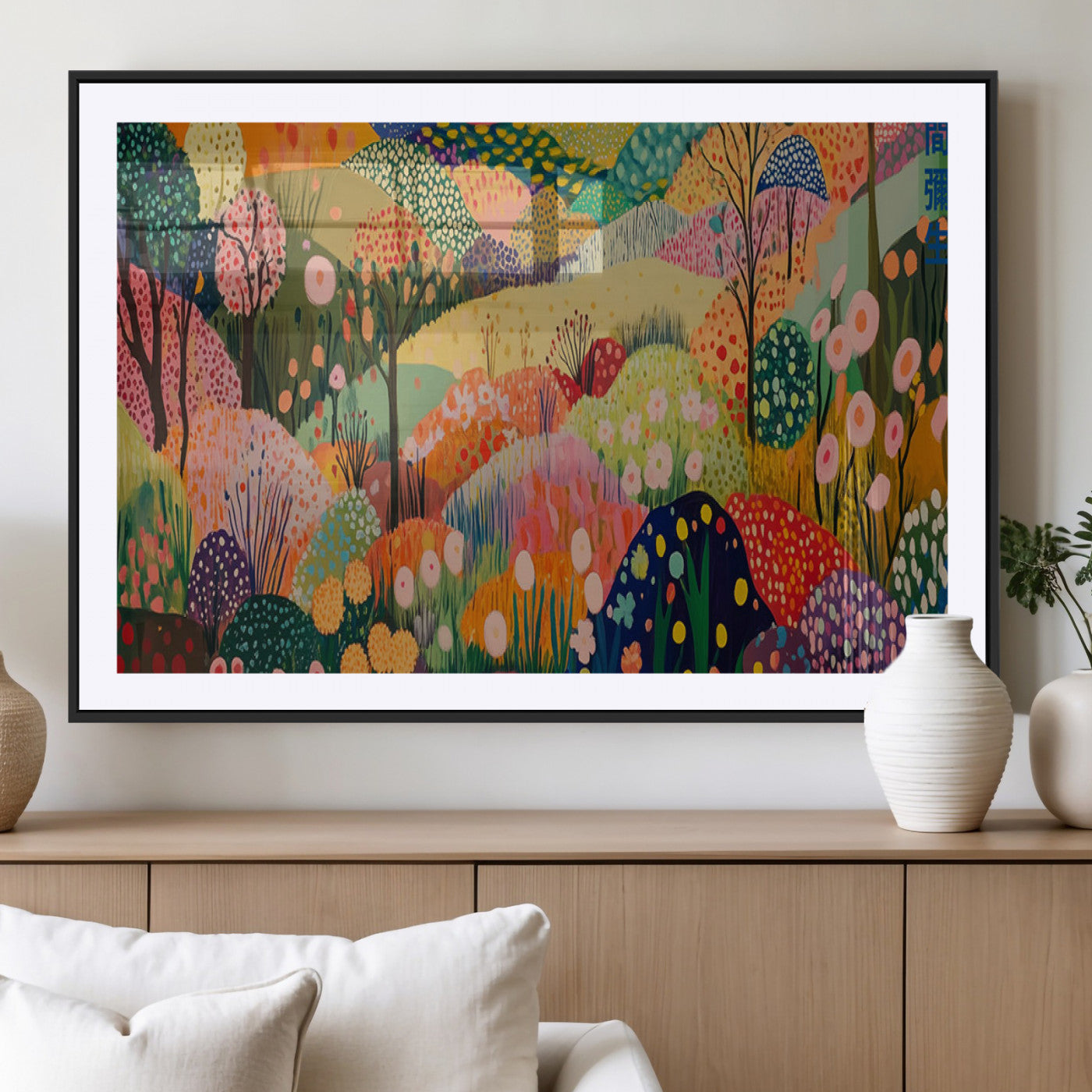 79636380-MGV-CV-36X24-Colorful Abstract Landscape Wall Art – Vibrant Hills and Flowers Canvas Print, Modern Whimsical Artwork for Living Room, Bedroom,
