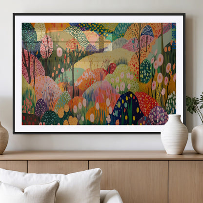 79636380-MGV-CV-36X24-Colorful Abstract Landscape Wall Art – Vibrant Hills and Flowers Canvas Print, Modern Whimsical Artwork for Living Room, Bedroom,