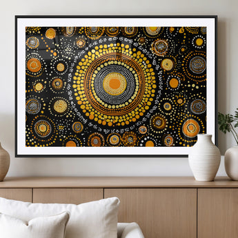 45478523-MGV-CV-36X24-Abstract Circle Wall Art – Bold Black and Gold Dot Painting Canvas Print, Modern Geometric Mandala Style Decor for Living Room or