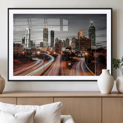 59097239-MGV-CV-36X24-City Skyline Wall Art – Modern Black and White Night Canvas Print with Red Light Trails, Urban Landscape Decor for Living Room or