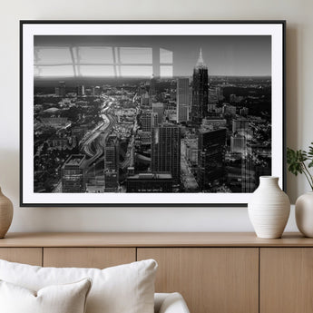 46578567-MGV-CV-36X24-Atlanta Skyline Wall Art – Black and White Cityscape Canvas Print, Modern Urban Night Decor for Office, Living Room, or Apartment