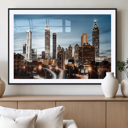 23859158-MGV-CV-36X24-Atlanta Skyline Wall Art – Modern Cityscape Canvas Print with Night Lights and Traffic Trails, Urban Decor for Office, Apartment,