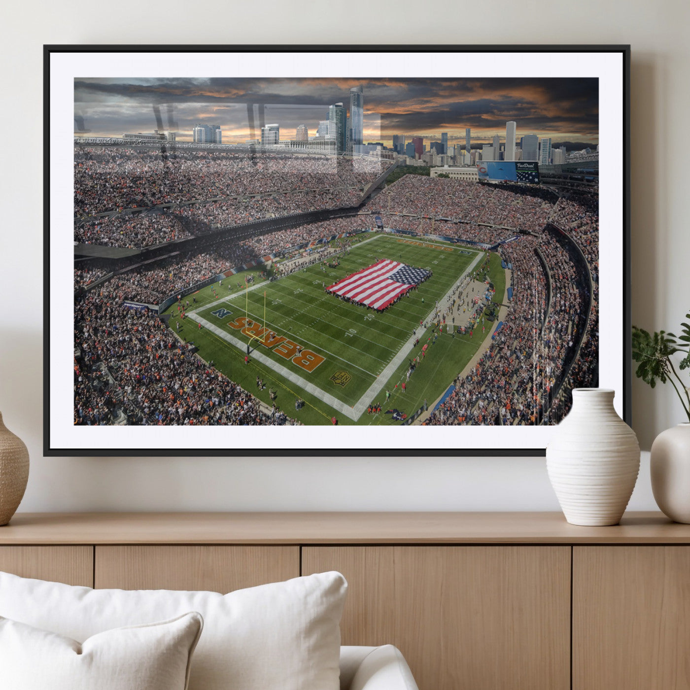 98106777-MGC-FP-36x24_Black-Soldier Field Wall Art – Chicago Bears Stadium Canvas Print with American Flag, Game Day Football Decor for Man Cave, Bar, or