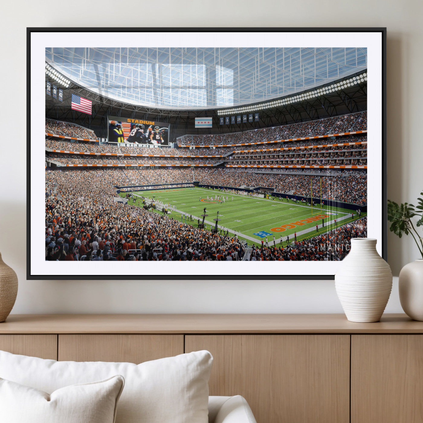 32530647-MGV-CV-36X24-Chicago Bears Stadium Wall Art – Futuristic Dome Arena Canvas Print, Modern Football Concept Design Decor for Man Cave, Bar, or