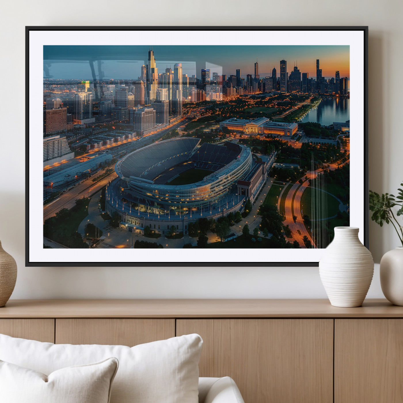 36690345-MGV-CV-36X24-Soldier Field Wall Art – Chicago Bears Stadium Aerial Night Canvas Print, City Skyline Football Decor for Living Room, Office, or