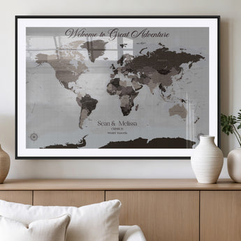 43749658-MGC-FP-36x24_Black-Welcome to Great Adventure World Map Wall Art – Charcoal Gray Canvas Print, Rustic Travel Decor for Living Room, Study, Office or