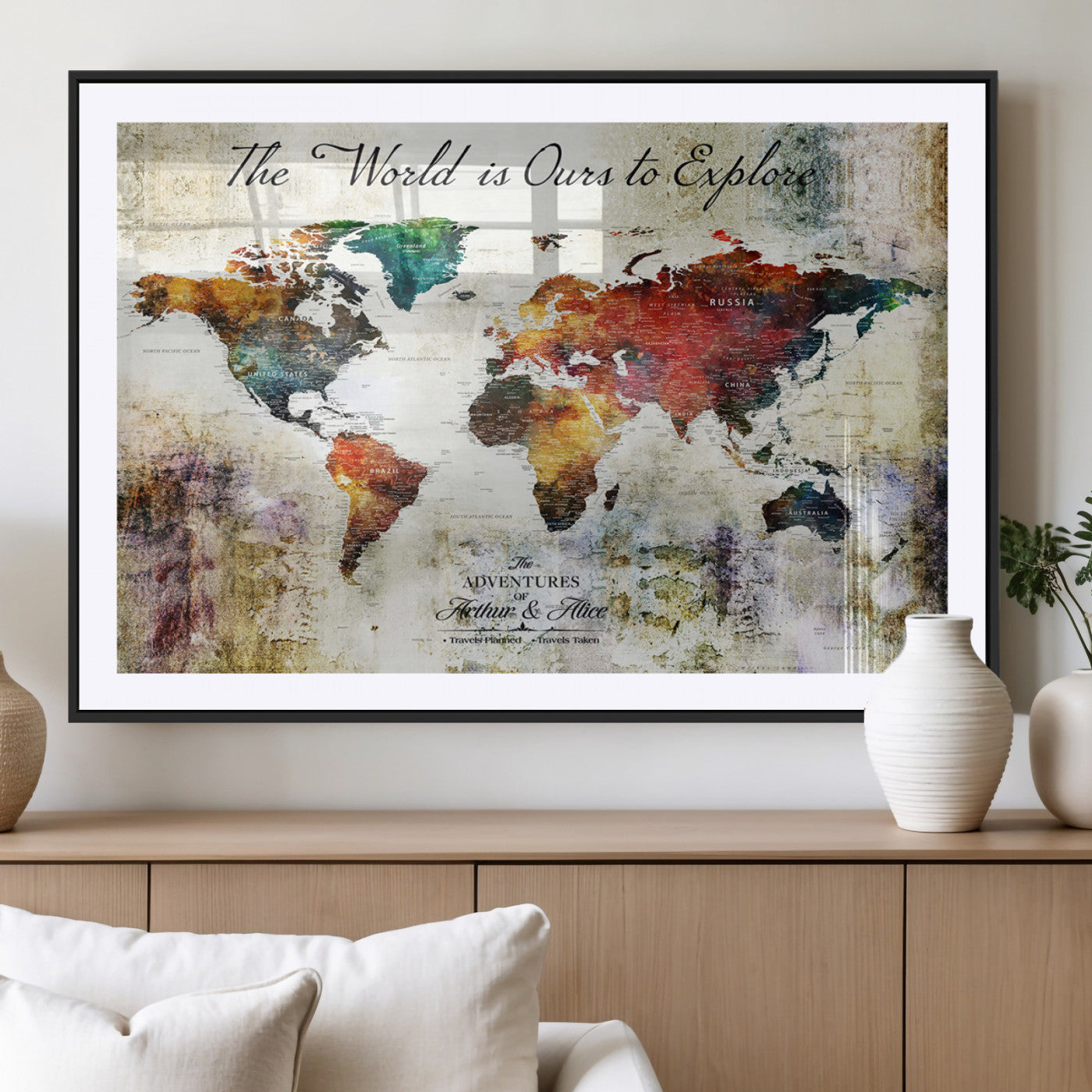 26117097-MGV-CV-36X24-Personalized Push Pin World Map Canvas – Custom Framed Travel Tracker Wall Art for Home, Office