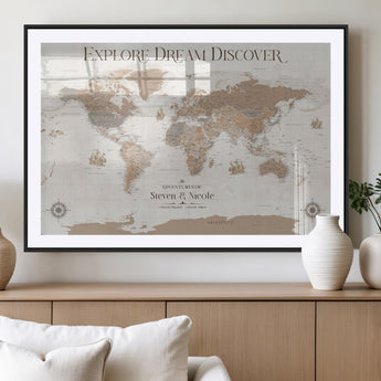 63516865-MGC-FP-36x24_Black-Explore Dream Discover World Map Wall Art – Inspirational Travel Adventure Canvas Print, Neutral Parchment Style Explorer Decor