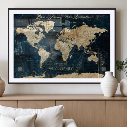 36970886-MGV-CV-36X24-Life is a Journey Not a Destination World Map Rustic Navy Beige Vintage Travel Wall Art Adventure Quote Canvas Print for Home
