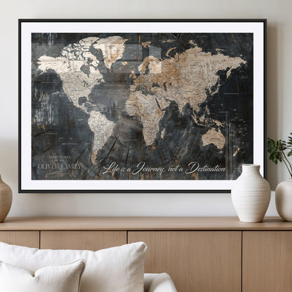 37848568-MGV-CV-36X24-Life is a Journey Not a Destination World Map Rustic Wood Texture Vintage Beige Navy Adventure Wall Art Canvas Print for Home