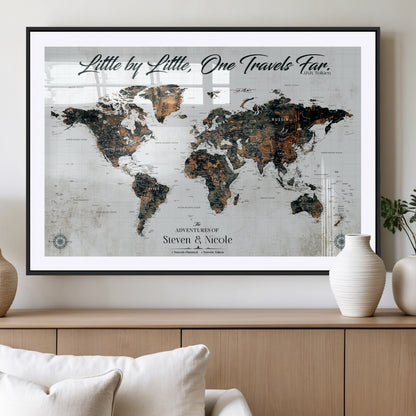 88337180-MGC-FP-36x24_Black-Little by Little One Travels Far Tolkien Quote World Map Rustic Black Brown Adventure Wall Art Canvas Print for Home Office Living