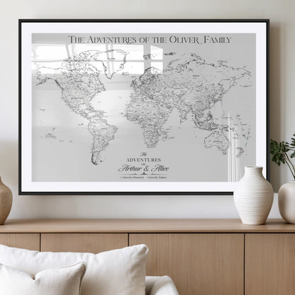 21029247-MGC-FP-36x24_Black-Minimalist World Map Wall Art – Black and White Travel Adventure Print, Modern Family Travel Map Decor for Living Room, Bedroom,