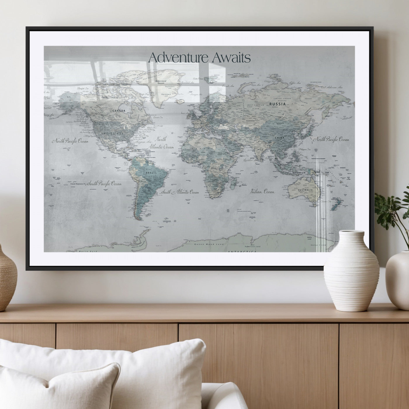 TEST111-MGV-CV-36X24-Personalized Adventure Awaits Push Pin World Map – Custom Framed Travel Tracker Canvas Wall Art for Home, Office