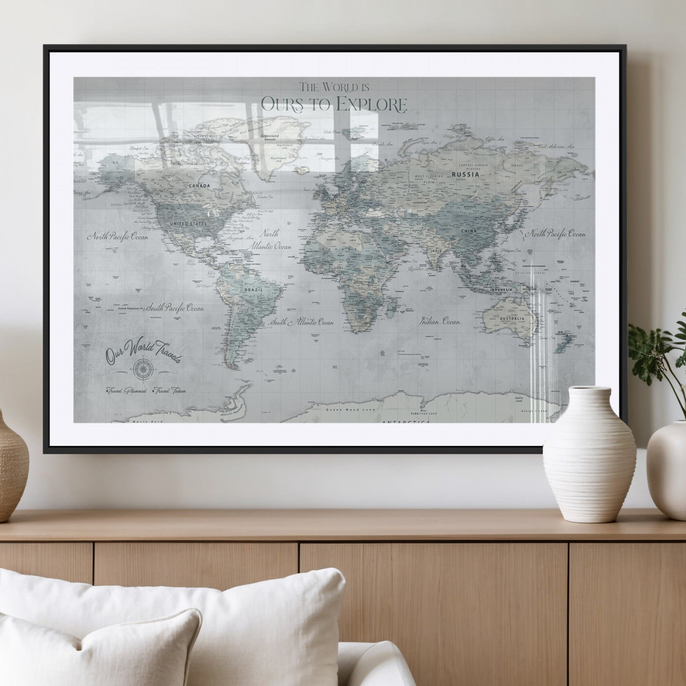 94249974-MGV-CV-36X24-Ours Explore World Map Wall Art – Modern Travel Canvas Print, Neutral Adventure Decor for Living Room, Office, Study, Bedroom,