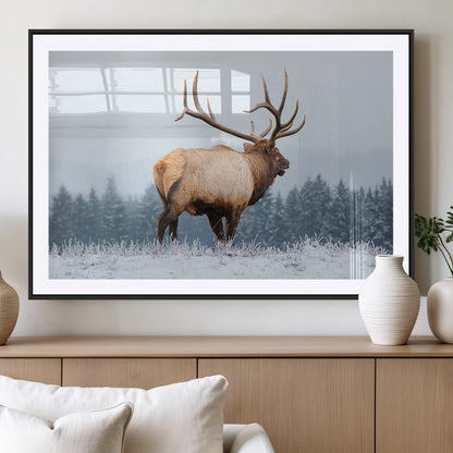 85177251-MGV-CV-36X24-Elk Wall Art – Majestic Wildlife Canvas Print of Bull Elk Snowy Forest, Rustic Nature Decor for Living Room, Cabin, or Office