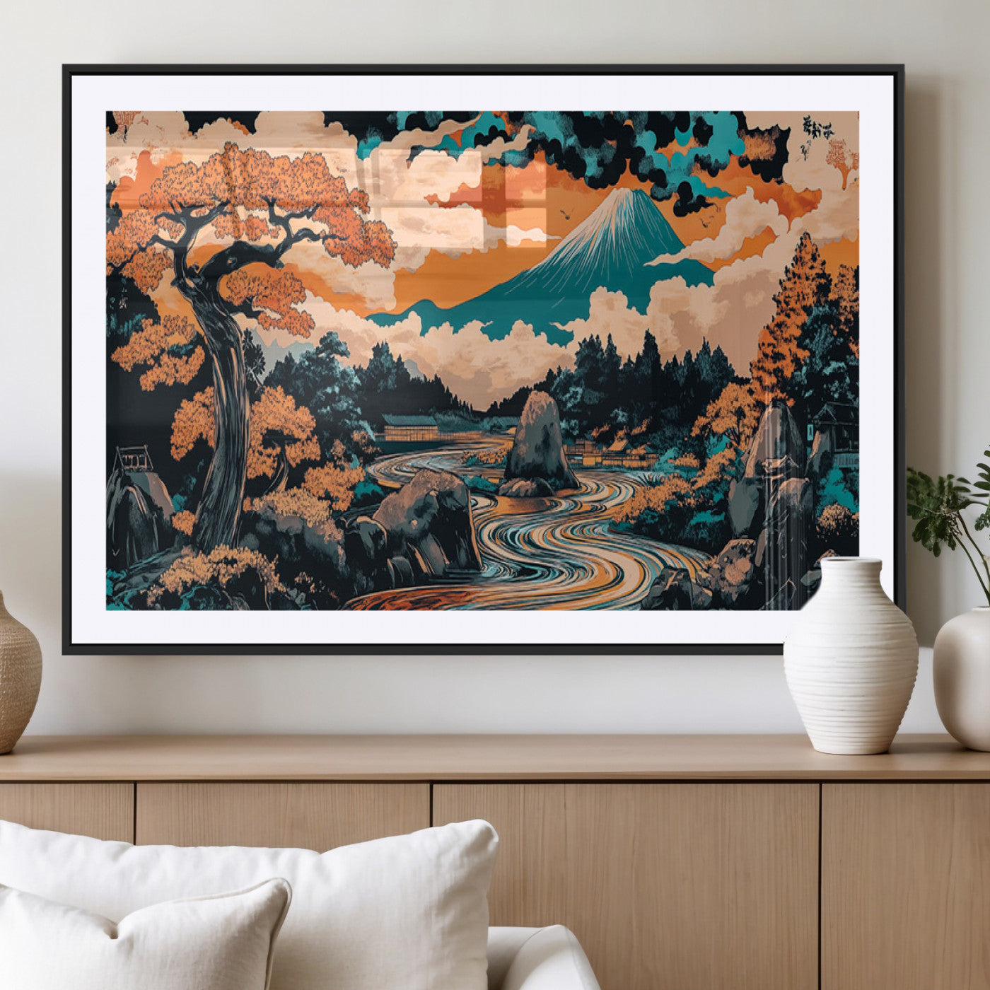 21638941-MGV-CV-36X24-Japanese Landscape Wall Art – Mount Fuji and Flowing River Ukiyo-e Style Canvas Print, Traditional Japan Inspired Artwork for