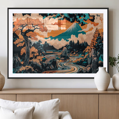 21638941-MGV-CV-36X24-Japanese Landscape Wall Art – Mount Fuji and Flowing River Ukiyo-e Style Canvas Print, Traditional Japan Inspired Artwork for
