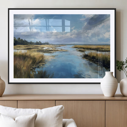 87082041-MGC-FP-36x24_Black-Painted Marshland Canvas Wall Art – Serene Water Reflection, Blue Sky, Golden Grass Landscape, Calm Nature Decor for Home, Office,