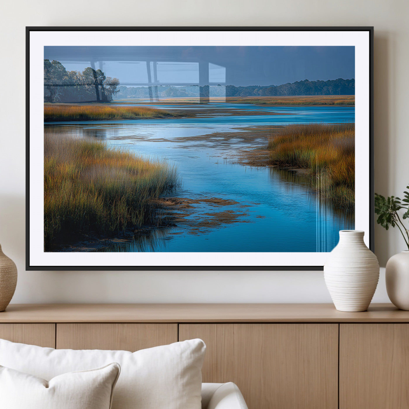 26300004-MGC-FP-36x24_Black-Marshland Landscape Wall Art – Scenic Nature Canvas Print with Golden Grass and Blue Water, Peaceful River Photography for Living