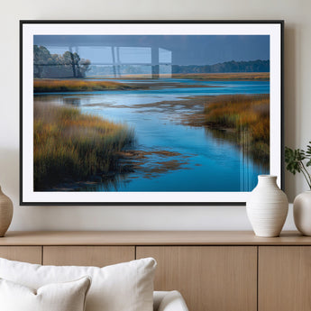 26300004-MGC-FP-36x24_Black-Marshland Landscape Wall Art – Scenic Nature Canvas Print with Golden Grass and Blue Water, Peaceful River Photography for Living