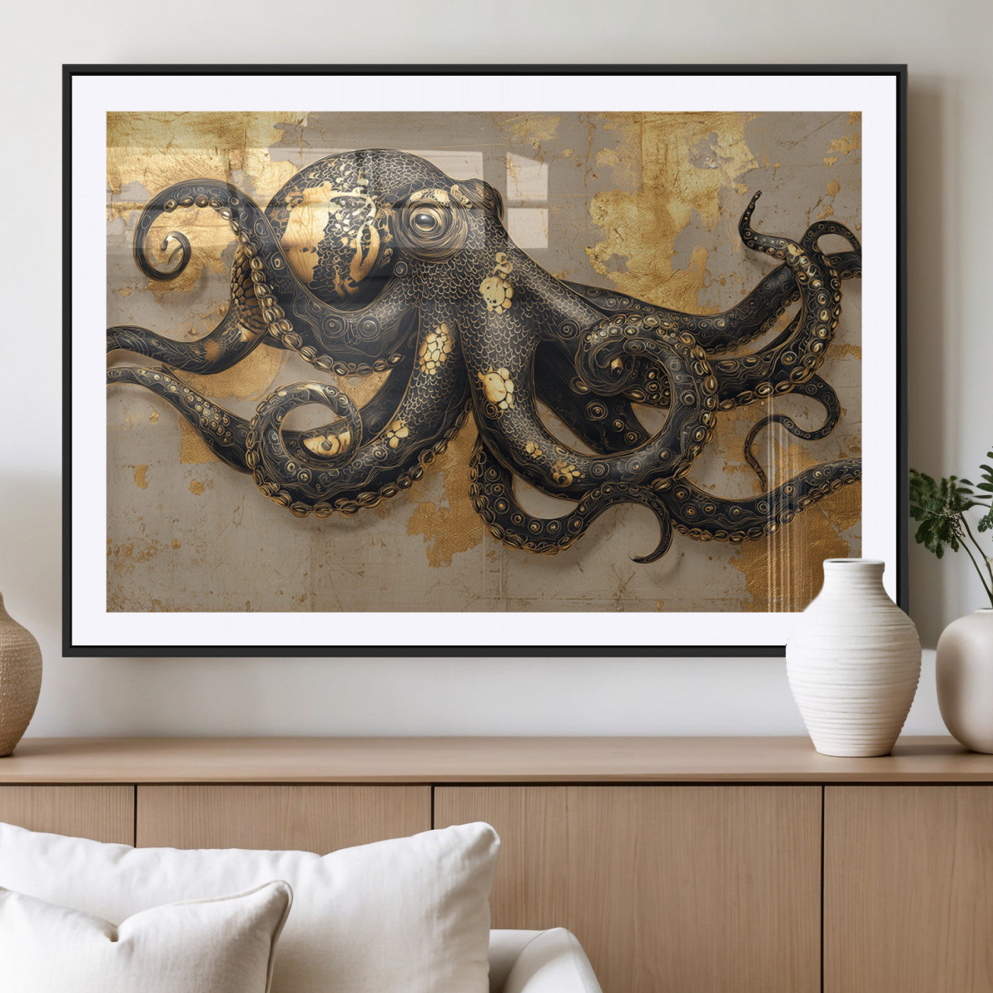 57944271-MGC-FP-36x24_Black-Octopus Wall Art – Black and Gold Nautical Canvas Print, Modern Ocean Inspired Artwork with Elegant Detailing, Coastal Marine