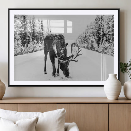 38956835-MGV-CV-36X24-Moose Wall Art – Black and White Wildlife Canvas Print with Snowy Forest Road, Rustic Nature Photography for Cabin, Lodge, Living