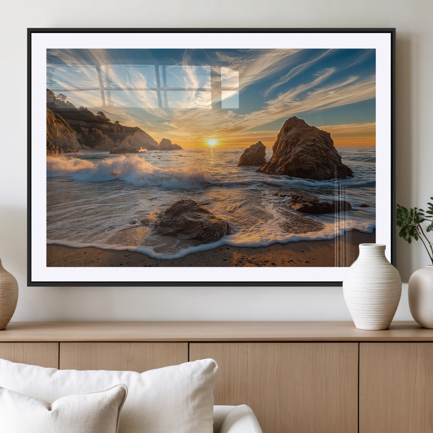 85659923-MGV-CV-36X24-Ocean Sunset Wall Art – Dramatic Seascape Canvas Print with Cliffs, Crashing Waves and Golden Sky, Bold Coastal Photography for