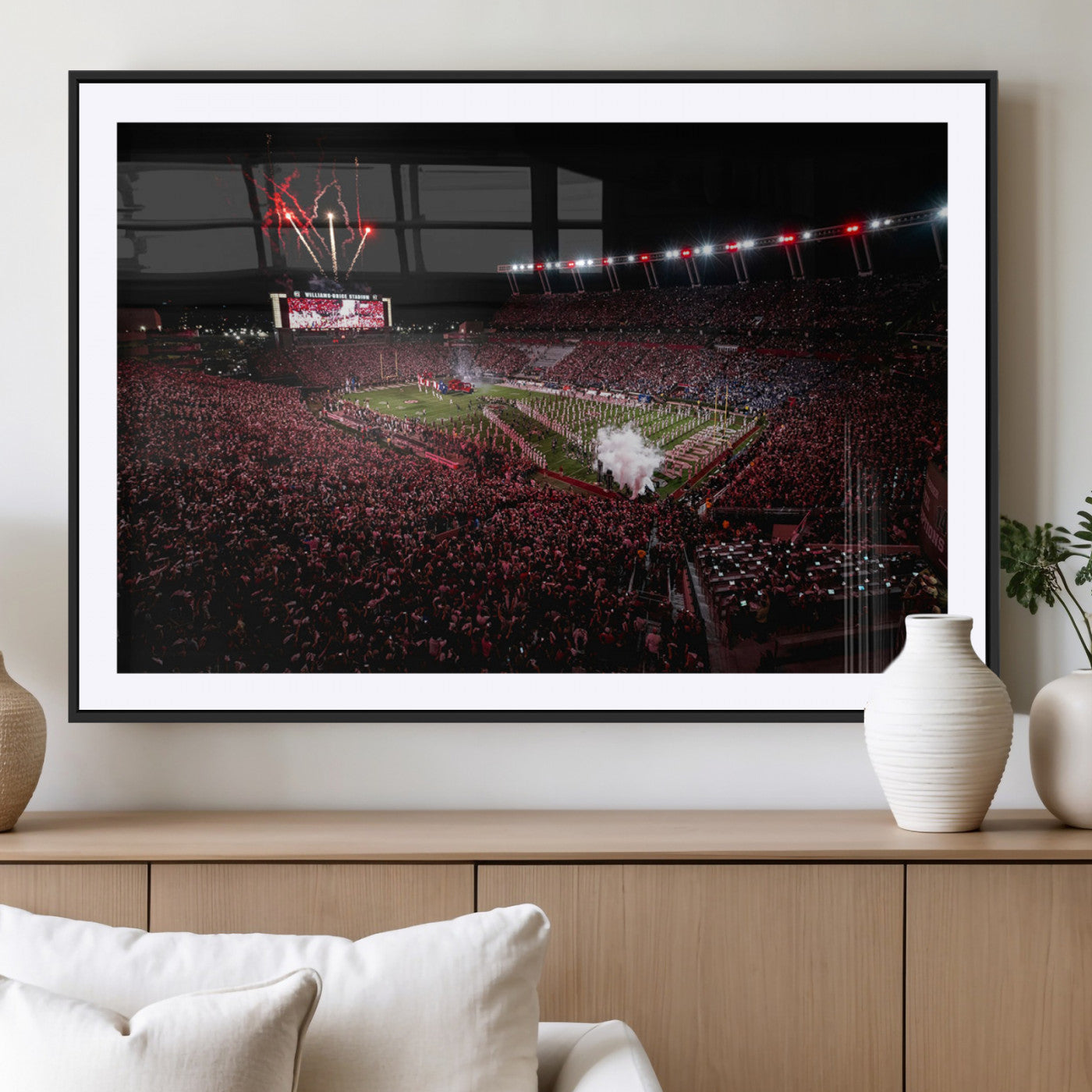 60690191-MGC-FP-36x24_Black-Stadium Wall Art – Night Game Football Canvas Print with Fireworks, Marching Band and Crowd, Panoramic Sports Photography for Man