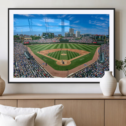 56213978-MGV-CV-36X24-Baseball Stadium Wall Art – Panoramic Ballpark Canvas Print with Fans, Green Field and City Skyline, Classic Sports Photography