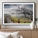34632598CRY-MGC-FP-36x24_Black-Cherry Blossom Wall Art – Scenic Asian Landscape Canvas Print with Wooden Walkway, Misty Mountains and Sunrise, Serene Nature