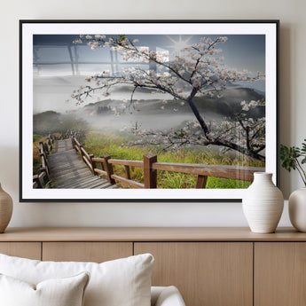 34632598CRY-MGC-FP-36x24_Black-Cherry Blossom Wall Art – Scenic Asian Landscape Canvas Print with Wooden Walkway, Misty Mountains and Sunrise, Serene Nature