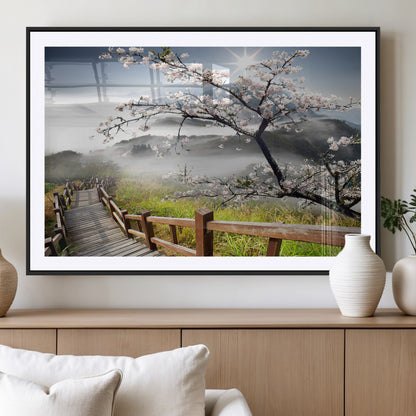 34632598CRY-MGC-FP-36x24_Black-Cherry Blossom Wall Art – Scenic Asian Landscape Canvas Print with Wooden Walkway, Misty Mountains and Sunrise, Serene Nature