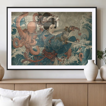 52037775-MGC-FP-36x24_Black-Tsukioka Yoshitoshi Samurai Wall Art Print, Japanese Katana Warrior Canvas Wall Art, Octopus Sea Monster Canvas Print,
