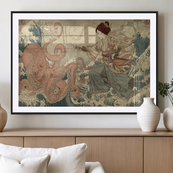 54879547-MGC-FP-36x24_Black-Tsukioka Yoshitoshi Samurai Wall Art Print, Japanese Katana Warrior Canvas Wall Art, Octopus Sea Monster Canvas Print,
