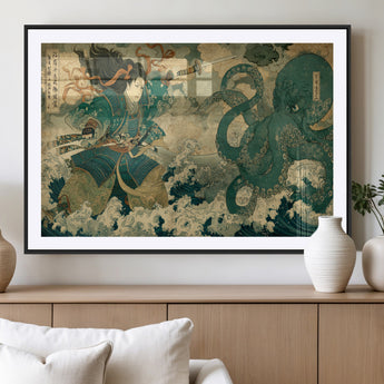 24416422-MGC-FP-36x24_Black-Tsukioka Yoshitoshi Samurai Wall Art Print, Japanese Katana Warrior Canvas Wall Art, Octopus Sea Monster Canvas Print,