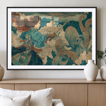 37943964-MGC-FP-36x24_Black-Tsukioka Yoshitoshi Samurai Wall Art Print, Japanese Katana Warrior Canvas Wall Art, Octopus Sea Monster Canvas Print,
