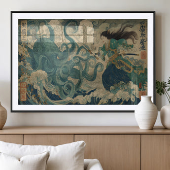 60346622-MGC-FP-36x24_Black-Tsukioka Yoshitoshi Samurai Wall Art Print, Japanese Katana Warrior Canvas Wall Art, Octopus Sea Monster Canvas Print,