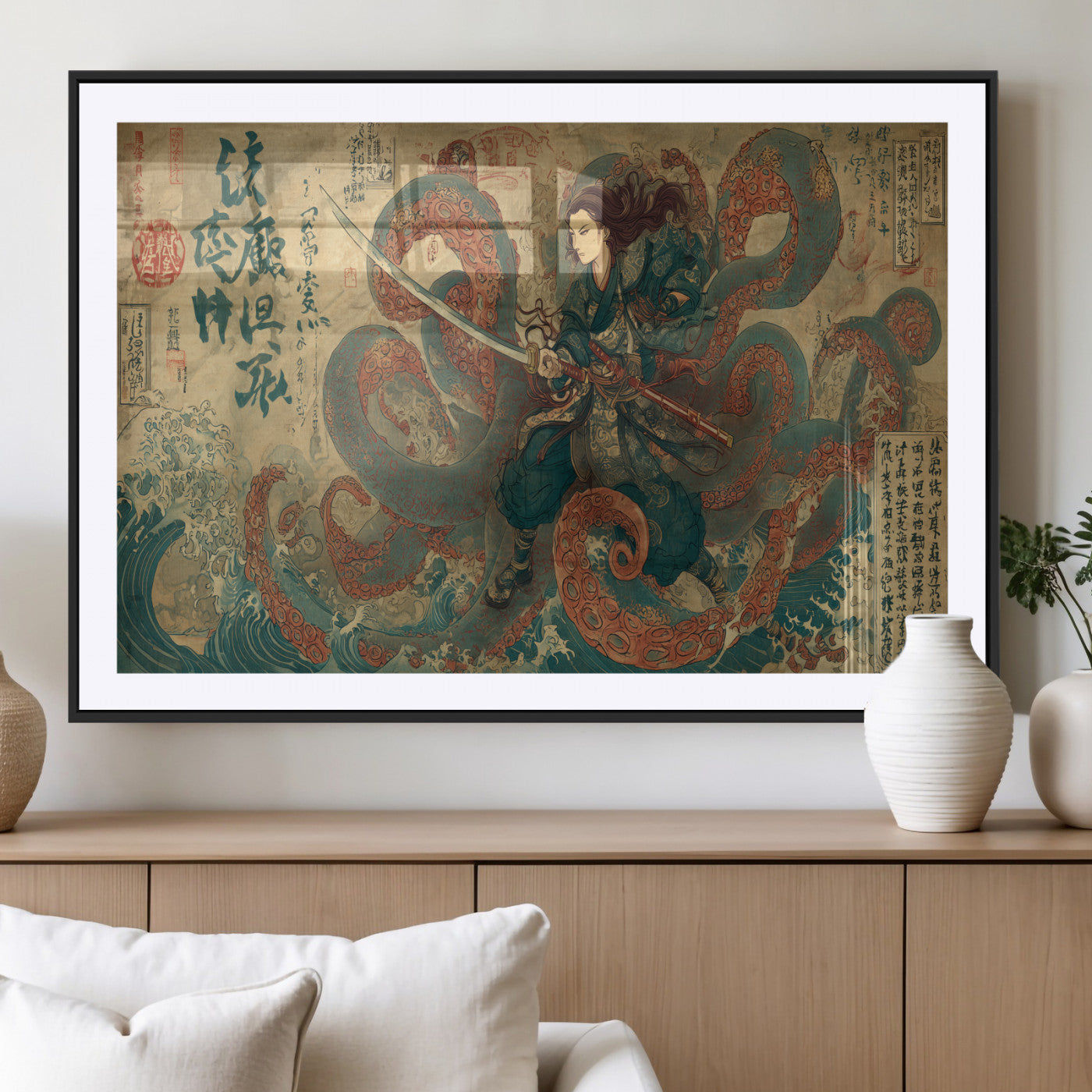 98593115-MGV-CV-36X24-Samurai Warrior vs Octopus Wall Art – Japanese Ukiyo-e Calligraphy Canvas Print, Ocean Battle Scene Artwork for Living Room,