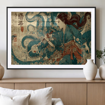 18575670-MGC-FP-36x24_Black-Tsukioka Yoshitoshi Samurai Wall Art Print, Japanese Katana Warrior Canvas Wall Art, Octopus Sea Monster Canvas Print,