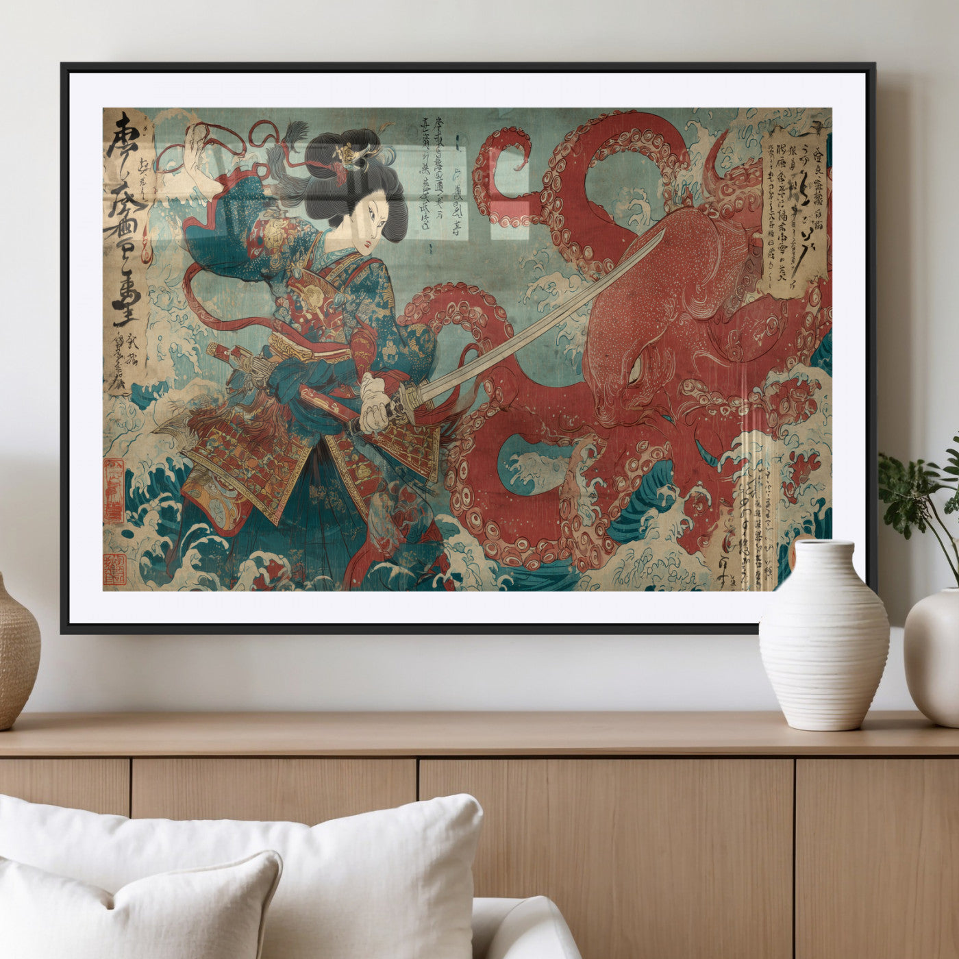 68844327-MGC-FP-36x24_Black-Tsukioka Yoshitoshi Samurai Wall Art Print, Japanese Katana Warrior Canvas Wall Art, Octopus Sea Monster Canvas Print,