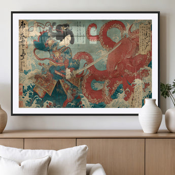 68844327-MGC-FP-36x24_Black-Tsukioka Yoshitoshi Samurai Wall Art Print, Japanese Katana Warrior Canvas Wall Art, Octopus Sea Monster Canvas Print,