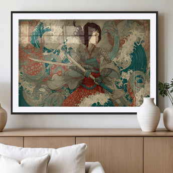 63377977-MGC-FP-36x24_Black-Tsukioka Yoshitoshi Samurai Wall Art Print, Japanese Katana Warrior Canvas Wall Art, Octopus Sea Monster Canvas Print,