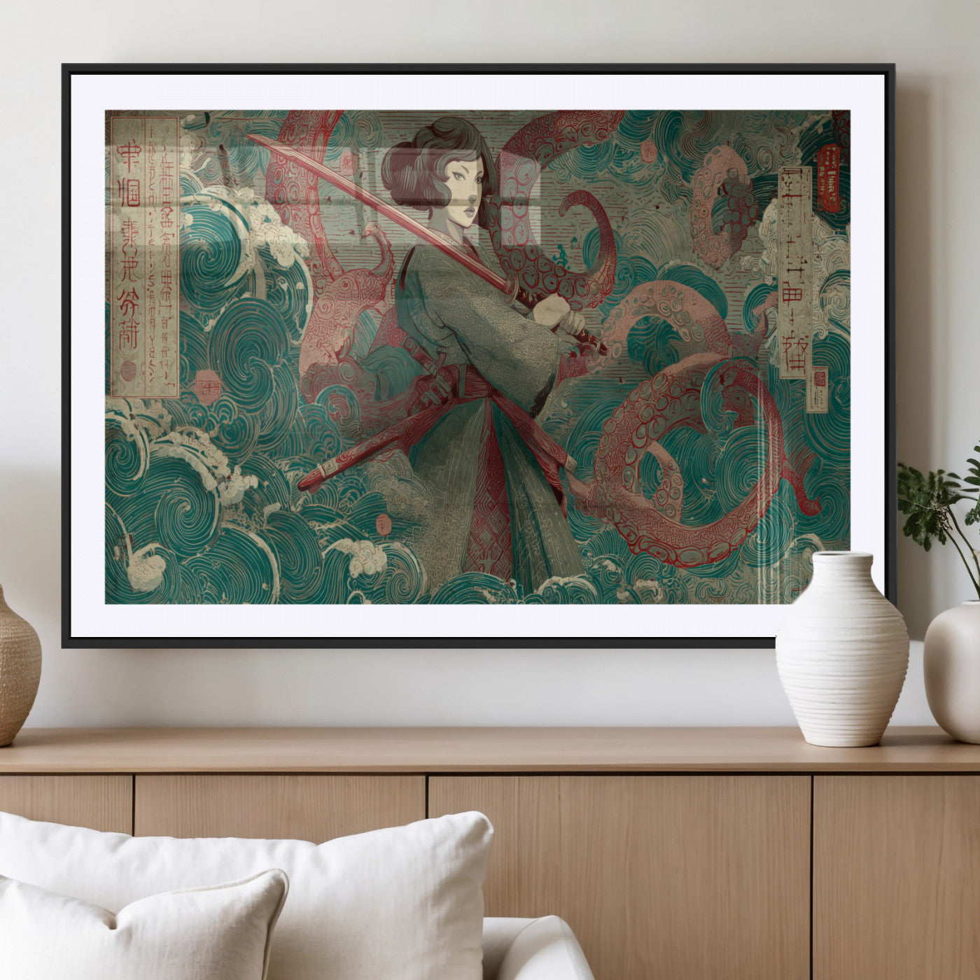 91666601-MGV-CV-36X24-Samurai Woman vs Octopus Wall Art – Japanese Ukiyo-e Green Robe Canvas Print, Ocean Battle Artwork for Living Room, Office, Man